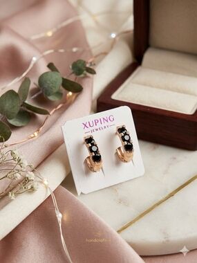 Xuping Rose Gold Huggie Earrings with Black Stones